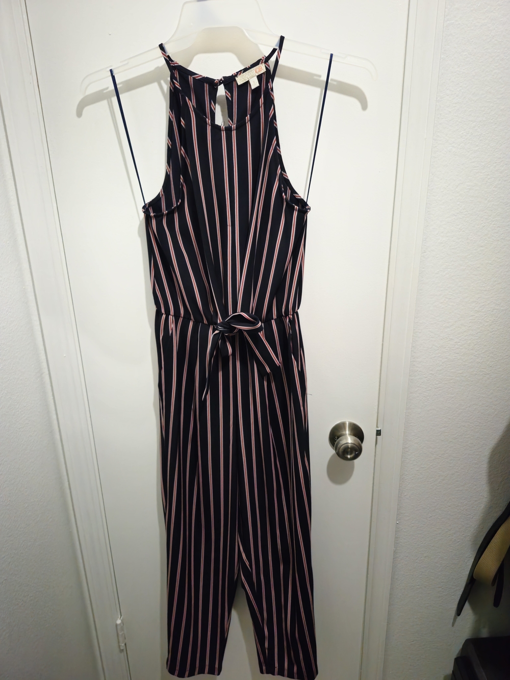 Sleeveless Navy Jumpsuit with Pink Stripes and Tie Waist